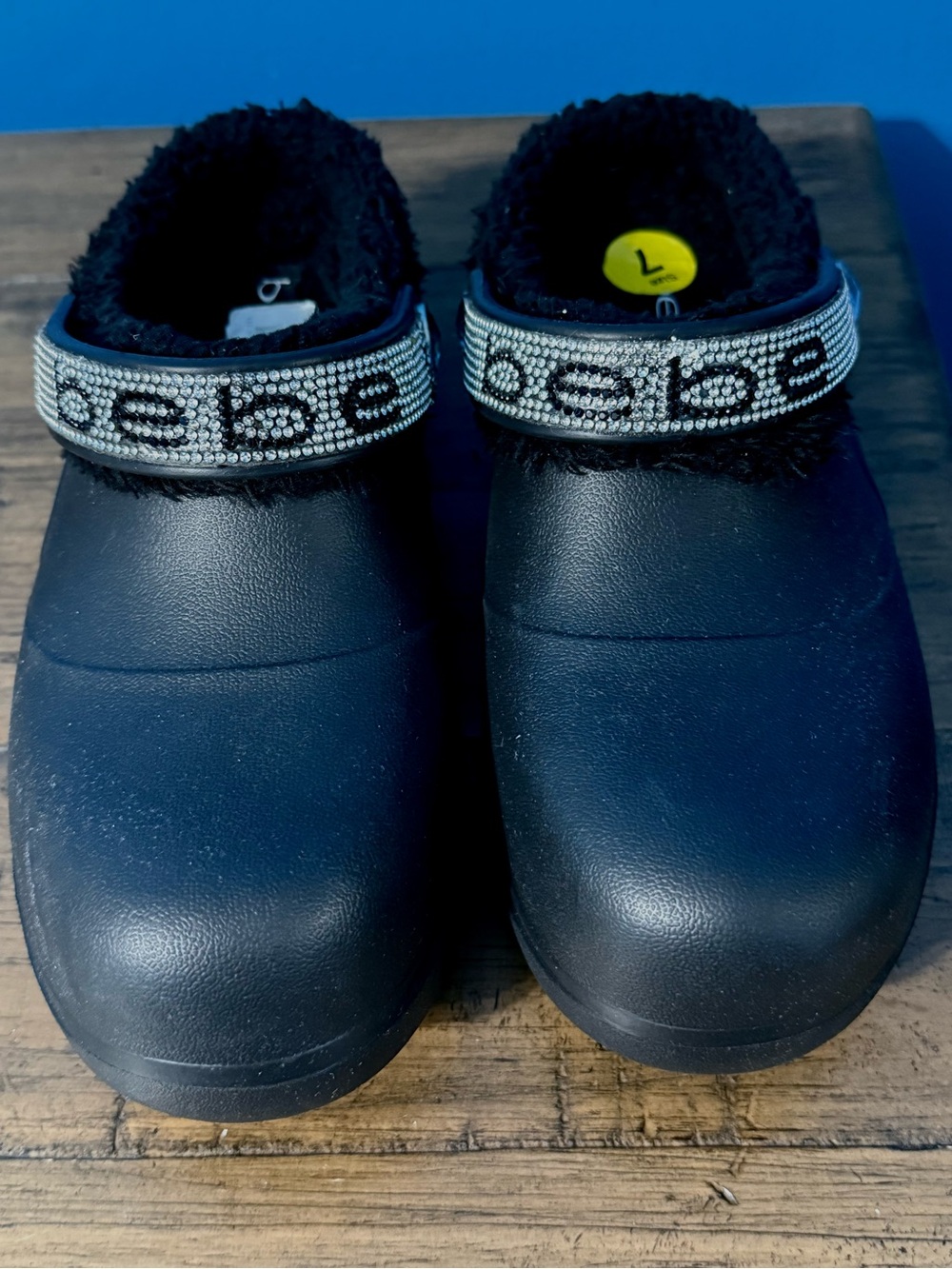 bebe Black Faux-Fur Lined Sparkle Strap Slip-Ons